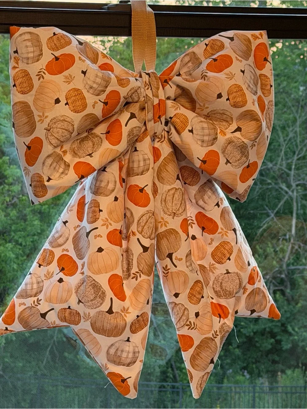 Seasonal Pumpkin Print Bow Door Hanger - Beige & Orange